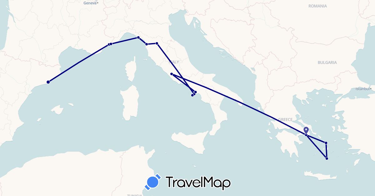 TravelMap itinerary: driving in Spain, France, Greece, Italy, Monaco (Europe)